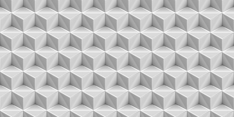 Seamless minimal white shiny satin or plastic isometric cubes wall transparent background texture overlay. Abstract elegant geometric grayscale displacement, bump or height map. 3D rendering.