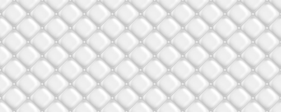 Seamless subtle white diamond tufted upholstery pattern transparent background texture overlay. Abstract soft puffy quilted sofa cushions or headboard displacement, bump or height map. 3D rendering.