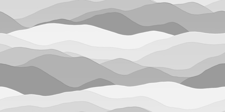 Seamless elegant subtle white embossed porcelain abstract wavy mountain landscape background texture. Monochrome light gray waves pattern carved or etched in plastic or marble. Bump map 3D rendering.