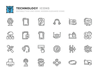 Editable Technology icons set. Thin line outline icons such as print, wireless, webcam, tablet, hard drive, headphone, sound card, hd, touchpad, renewable energy, dna, machine learning vector