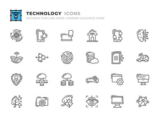 Editable Technology icons set. Thin line outline icons such as distributed, chip, cpu, monitor, technology, deep learning, artificial intelligence, digitalization, processor, robot, smart city vector