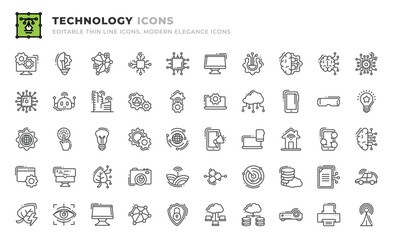 Set of 50 Technology icons. Thin line outline icons such as database, smart contract, self driving, green energy, eye tracking, computer, networking, security system, cloud computing vector