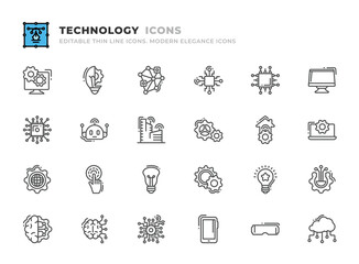 Editable Technology icons set. Thin line outline icons such as data management, innovation, distributed, chip, cpu, monitor, technology, deep learning, artificial intelligence vector