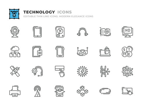 Editable Technology icons set. Thin line outline icons such as print, wireless, webcam, tablet, hard drive, headphone, sound card, hd, touchpad, renewable energy, dna, machine learning vector