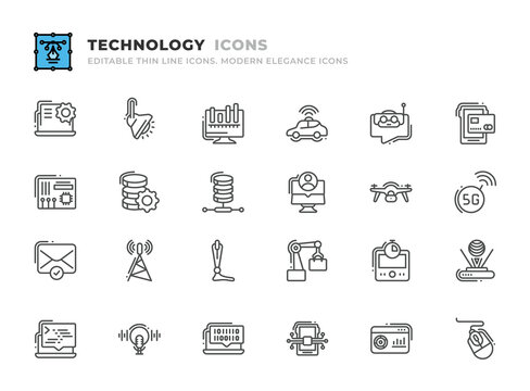 Editable Technology icons set. Thin line outline icons such as payment, binary code, api, dashboard, computer mouse, motherboard, data integration, server, video conference, drone, 5g, coding vector