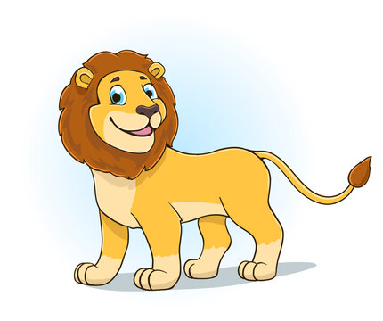 Cartoon lion standing and smiling, young and happy wild animal children illustration. Vector
