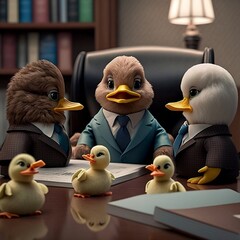 The illustration shows a meeting of executives ducks in a professional office setting, depicting the importance of teamwork and communication in the business world. Created with generative AI.