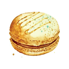 Watercolor image of blue macaroon decorated with bright pink daisy flowers isolated on white background. Hand drawn illustration of popular crunchy dessert for cafe decoration