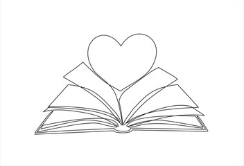 Open book and heart, continuous line vector illustration. one line vector drawing of a book and a heart, concept of love of reading. Black and white hand drawn image.