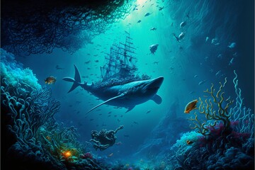 Fototapeta premium Big whale with corpse of ship AI Generative