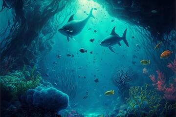 Fototapeta na wymiar Fishes swimming underwater around the coral reef AI Generative