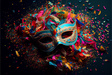 Carnival mask and colorful confetti in a joyous party background , generative AI