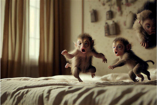 A group of little monkeys jumping on a bed , generative AI