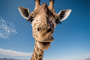 Naklejka premium Giraffe looking straight at camera, against clear blue sky - AI Generated