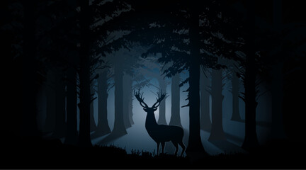 The deer looks at the light in the forest. Fog and shadows from trees. Vector illustration of wild animals in their natural habitat.