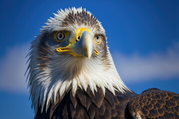 Obraz premium Eagle looking straight into camera, against clear blue sky - AI Generated