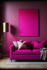 a chic and uncomplicated living space, vivid magenta in color, generative ai, and photorealistic in appearance to represent a painting hanging on the wall.