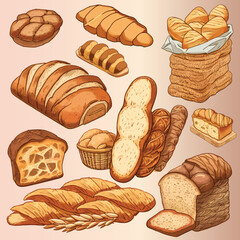 Wheat, French, Whole grain, Rye bread, Baguette and Various Kind of Bread in Set of Vector