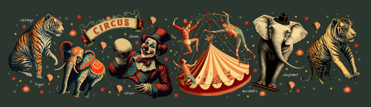 Сircus. Vector vintage illustrations of  acrobats, circus tent, animals, elephant, tiger, clown for retro poster, background and ticket