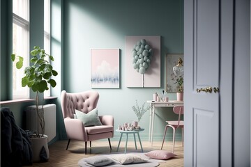 Naklejka na ściany i meble Interior design in pastel colors generative ai