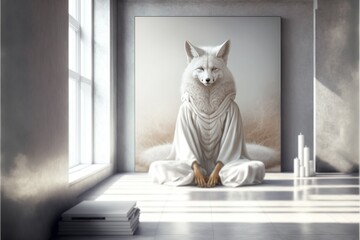 Fototapeta Anthropomorphic fox in clothing kimono meditating pose in white room generative ai obraz
