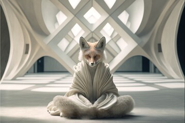 Anthropomorphic fox in clothing kimono meditating pose in white room generative ai