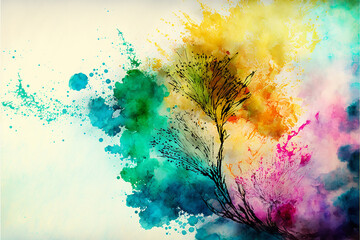 Spring watercolor background. Abstract Spring colors watercolor background with flowers leaves and stains. AI generative