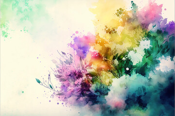 Spring watercolor background. Abstract Spring colors watercolor background with flowers leaves and stains. AI generative