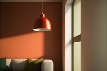  Pendant light hotel mockup, white glass wall, lamp, house interior design, and bathroom. generative ai.a simplistic and stylish loungeroom , warm red color, photorealistic 
