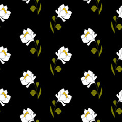 Seamless pattern white flowers on black background for textile, wallpaper, background, cover