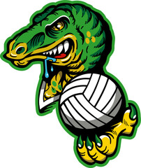 angry dinosaur mascot holding volleyball for school, college or league sports