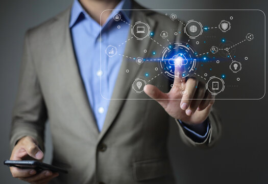 businessman thouch screen on cloud network
