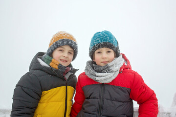 Fototapeta na wymiar Sweet happy children, brothers, playing in deep snow in forest,