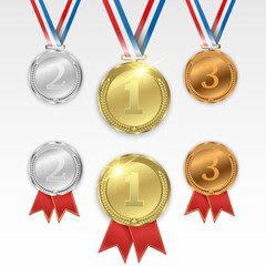 Set of gold, bronze and silver. Award medals isolated on transparent background. Vector illustration of winner concept.	