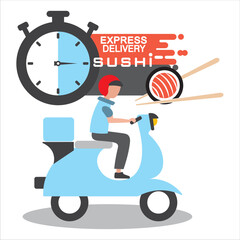 Fast sushi delivery, delivery man vector