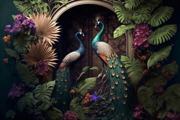 Fototapeta premium Tropical rainforest with peacock with leaves, flowers and arch in the background, 3D rendering