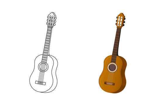 Coloring page for children - a classic musical instrument - guitar. Black and white illustration. Children's coloring book for elementary school. Vector.