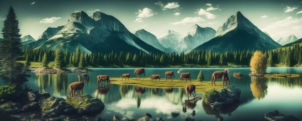 Landscape with Fantasy Animals, Generative AI Illustration