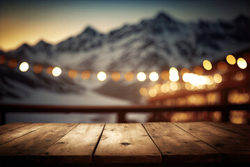 Wooden table top in a mountain restaurant, blurred light bokeh, cafe, bar background. Generative AI