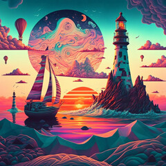 "Surreal Lighthouse Seascape with Trippy Sailboat and Sunset in Bohemian Style