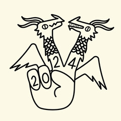 Vector outline illustration with black white hand peace sign and two dragons. Chinese New Year 2024 symbol, year of the dragon, calendar print poster