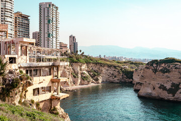 Fototapeta premium Corniche Boulevard in the Raouche. Residential and Commercial Neighborhood in Beirut. Lebanon. Popular Tourist Destination in Beirut. 