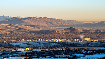 High Angle view of the Sparks Nevada industrial area with warehousing and a Petroleum Tank storage facility.
