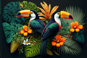 Fototapeta Tropical rainforest with toucans bird with palm leaves and flowers, 3D rendering obraz