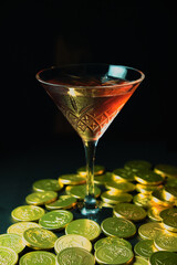 Red martini glass cocktail with gold coin around