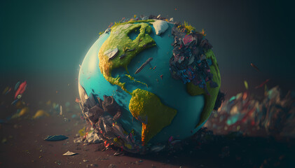 Eco environmental problem, planet in trash human waste, blur background banner. Concept plastic pollution Earth. Generation AI.