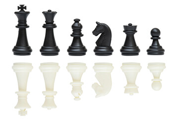 Set of white and black chess pieces on a white background. Chess. Board game.