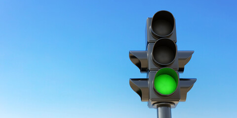 Traffic Light on pole, green go signal on clear blue sky background, space for text. 3d render