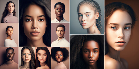 Mosaic of happy and successful people on bright backgrounds, panorama. Many happy, diverse ethnic groups, different young and old people. Generative AI technology