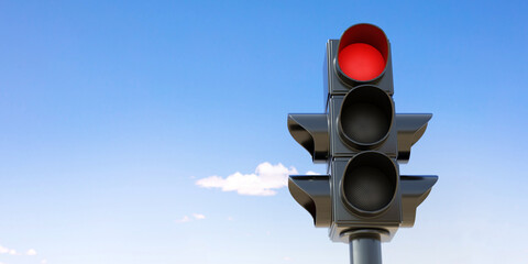 Traffic Red Light on pole, red stop signal on blue sky background. Space for text. 3d render